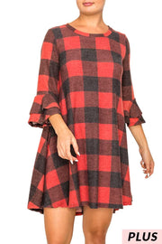 PQ-T {Harvest Season}  Dusty Red Plaid Knit Ruffle Sleeve Tunic PLUS SIZE XL 2X 3X