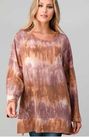 PLS-B {Anywhere But Here} Mauve Mocha Tie Dye Knit Tunic PLUS SIZE XL 2X 3X