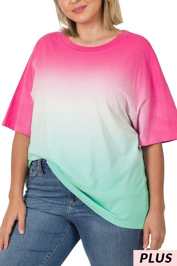 80 PSS-H {The Only Way} Hot Pink/MInt Dip-Dye Top PLUS SIZE 1X 2X 3X