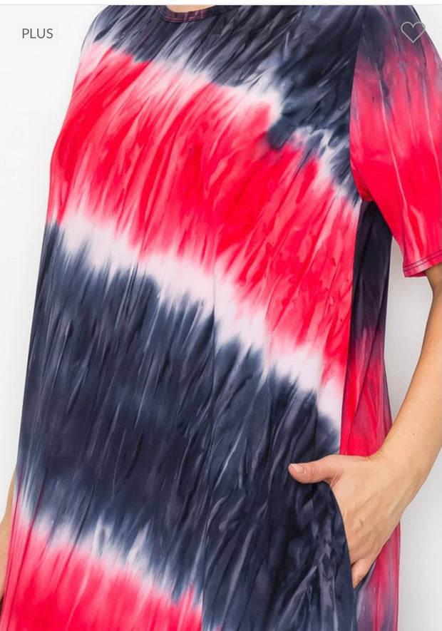 LD-K {Feeling Proud} Red Navy Tie Dye Dress PLUS SIZE 1X 2X 3X