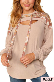 61 HD-A {Down For Fun} Taupe/Aztec Print Keyhole Hoodie PLUS SIZE 1X 2X 3X