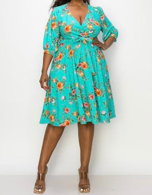 72 PSS-W {Spur Of The Moment} Mint Floral V-Neck Dress w/Belt PLUS SIZE 1X 2X 3X