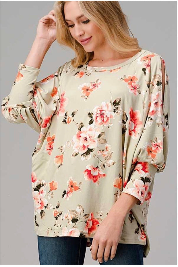 54 OS-D {Cold Rose}  Light Olive ***SALE*** Floral Print Tunic Plus Size XL 2X 3X