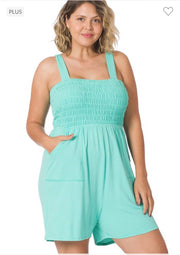 32 RP-A  {No Time To Spare} Mint/Ivory Striped Romper PLUS SIZE 1X 2X 3X