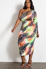 LD-M OR 78 OS-Z {Call Me Baby} Pink/Green Leopard One Shoulder Dress PLUS SIZE XL 2X 3X