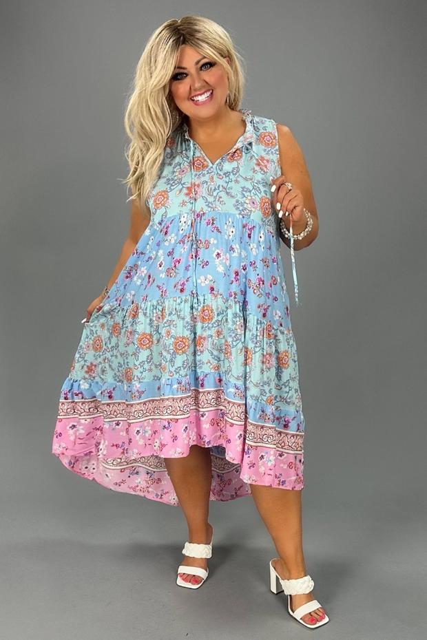 24 SV-N {Heaven Styled} Umgee Blue Floral Hi/Low Dress PLUS SIZE XL 1X 2X