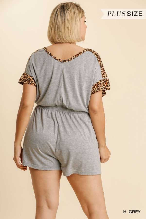 66 RP-B {Feline Pretty} "UMGEE" Grey Romper Leopard Sleeves SALE!! PLUS SIZE XL 1X 2X