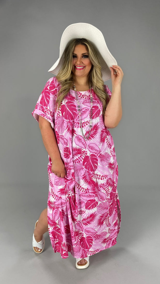 LD-D {Cool With Me}  Pink Leaf Print Dress PLUS SIZE 1X 2X 3X