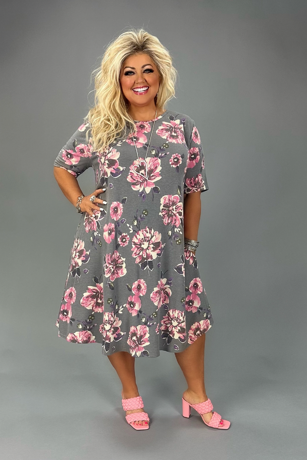 52 PSS-A {Let It Be The One} Charcoal Floral Print Dress EXTENDED PLUS SIZE 3X 4X 5X