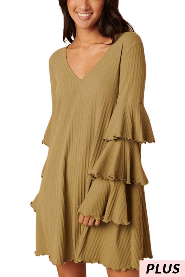 91 SLS-E {What Drives You} Lt. Olive Ribbed Ruffle Sleeve Dress PLUS SIZE XL 1X 2X