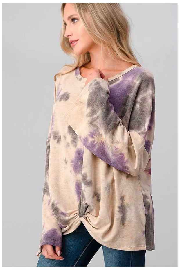 PLS-A {Knot For Me} Tan  Purple Tie Dye Knot Hem Tunic PLUS SIZE XL 2X 3X