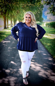 HD-O {Easy Living} Navy Waffle-Knit V-Neck Tunic w/Hood Extended Plus Size 4X 5X 6X