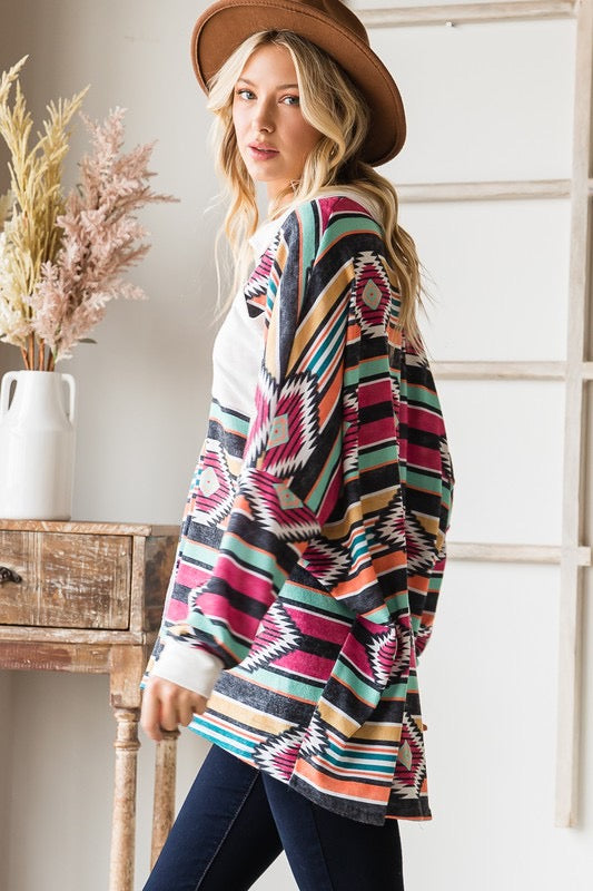 26 CP-C {Aztec Nights} Fuchsia Striped Aztec Print Top PLUS SIZE 1X 2X 3X