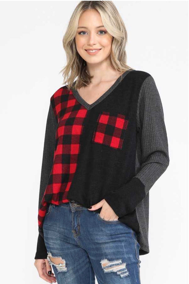 37 CP-D {Until You Realize} Grey Black Red Plaid Contrast Top PLUS SIZE XL 2X 3X