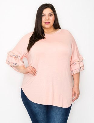31 CP-N {Style That Speaks} Peach Tunic w/Floral Contrast EXTENDED PLUS SIZE 3X 4X 5X
