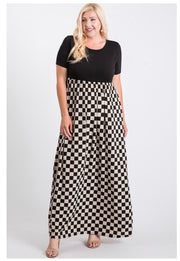 LD-C {Checker Board} Black/Cream Checkered Print Maxi Dress PLUS SIZE 1X 2X 3X