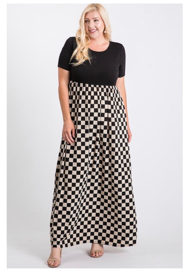 LD-C {Checker Board} Black/Cream Checkered Print Maxi Dress PLUS SIZE 1X 2X 3X