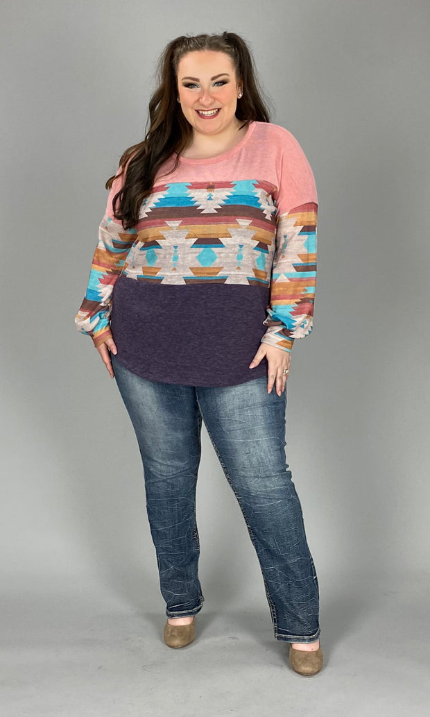 54 CP-T {Cool Desert Vibes} Blush Aztec Print Top PLUS SIZE 1X 2X 3X