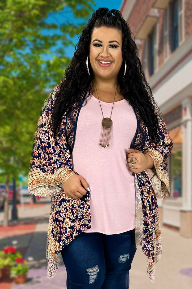 11 OT-R {Sweetest Gesture} Umgee Navy Floral Kimono PLUS SIZE XL/1X  1X/2X