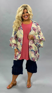 OT-H {I'm On Beach Time} Sangria/Navy/Mustard Cardigan With Palm Leaf Design SALE!!! PLUS SIZE 1X 2X 3X