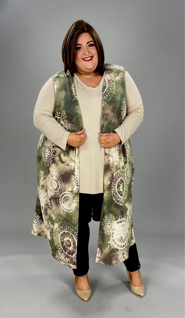 87 OT-Z {Love and Laughter} Olive Print Long Vest W/Pockets EXTENDED PLUS SIZE 4X 5X 6X