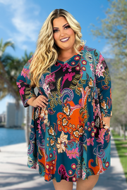 79 PQ-X {No Filters} Teal Floral V-Neck Dress EXTENDED PLUS SIZE 3X 4X 5X