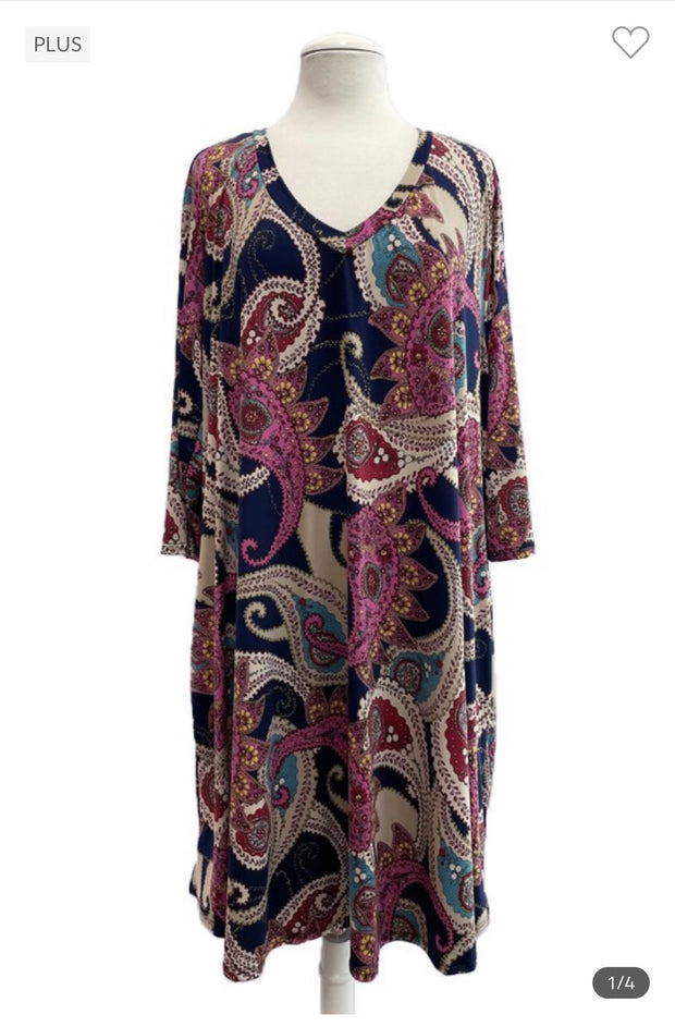 89 PQ-Z {Happiness Revealed} Navy Paisley Print V-Neck Dress EXTENDED PLUS SIZE 3X 4X 5X *** FLASH SALE***