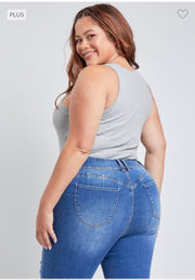 LEG-82 or BT-K {YMI Wanna Betta Butt} Med Blue Ripped Cuffed Ankle Jeans PLUS SIZE 14 16 18 20