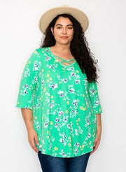 20 PQ-A {Style Of The Times} Green Floral Criss-Cross Tunic CURVY BRAND!!!  EXTENDED PLUS SIZE 4X 5X 6X