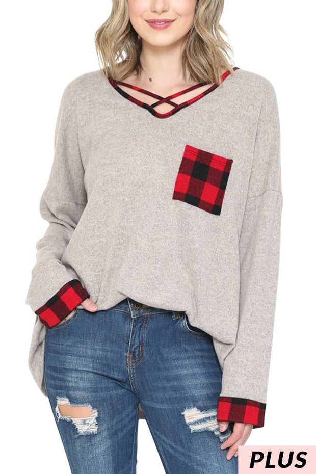 15 CP-F {Cute And Cozy}  Grey Red Plaid Neck Detail Tunic  SALE!!! PLUS SIZE XL 2X 3X