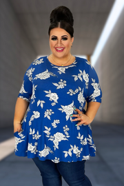 40 PSS-K {Serving Up Looks} Royal Blue Floral Print Tunic EXTENDED PLUS SIZE 3X 4X 5X