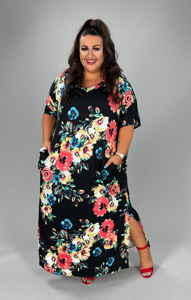 LD-Z {Just A Little} Black Floral V-Neck Maxi Dress EXTENDED PLUS SIZE 3X 4X 5X