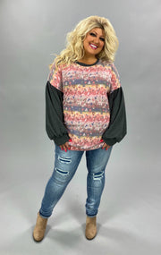 CP-Q {Little Delights} Pink Leopard Charcoal Bubble Sleeve Top PLUS SIZE XL 2X 3X