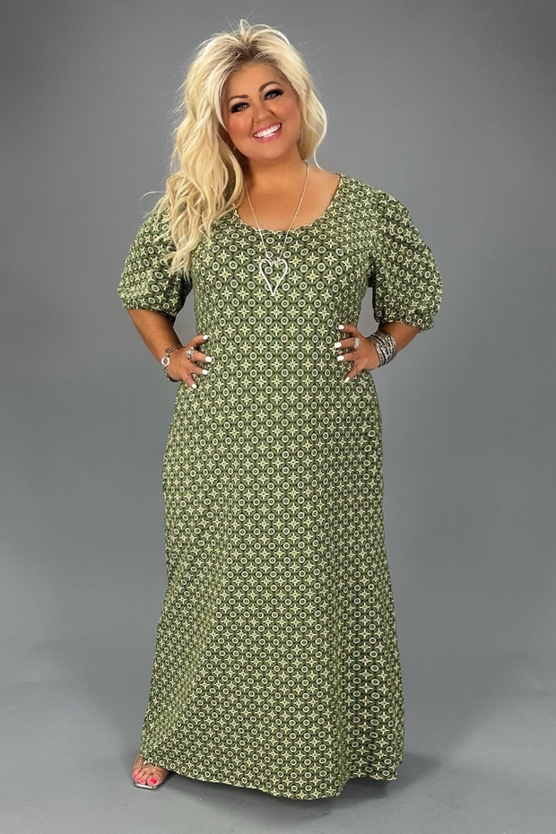 LD-Q {Flying Free} Sage Print Midi Dress PLUS SIZE 1X 2X 3X