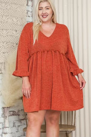 63 PQ-I {The Right Addition} Rust V-Neck Babydoll Dress PLUS SIZE 1X 2X 3X