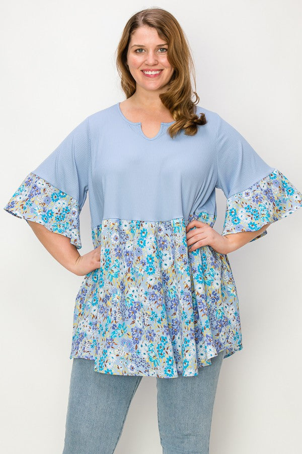 69 CP {My Curvy Desire} Blue Ribbed Floral Tunic CURVY BRAND!!!  EXTENDED PLUS SIZE 4X 5X 6X