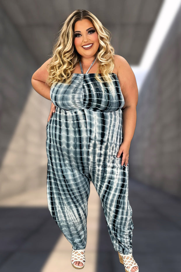 LD-E {Parade Around} Black/Multi Tie Dye Halter Jumpsuit PLUS SIZE 1X 2X 3X