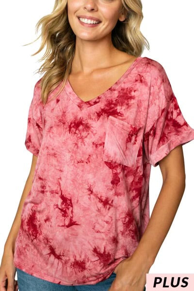 95 PSS-G {Come For It} Garnet Tie Dye Top w/Pocket PLUS SIZE 1X 2X 3X