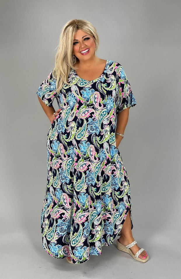 LD-M {Paisley Garden} ***SALE***Navy Paisley V-Neck Long Dress EXTENDED PLUS SIZE 4X 5X 6X