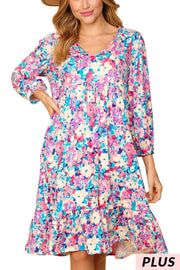 25 PQ-A {Infinite Bliss} Fuchsia Floral V-Neck Babydoll Dress PLUS SIZE 1X 2X 3X