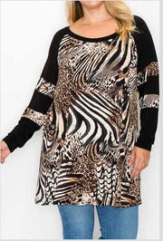 59 OR 26 CP-B {Run The World} Black/Brown Animal ***FLASH SALE***Print Tunic  EXTENDED PLUS SIZE 1X 2X 3X 4X 5X 6X