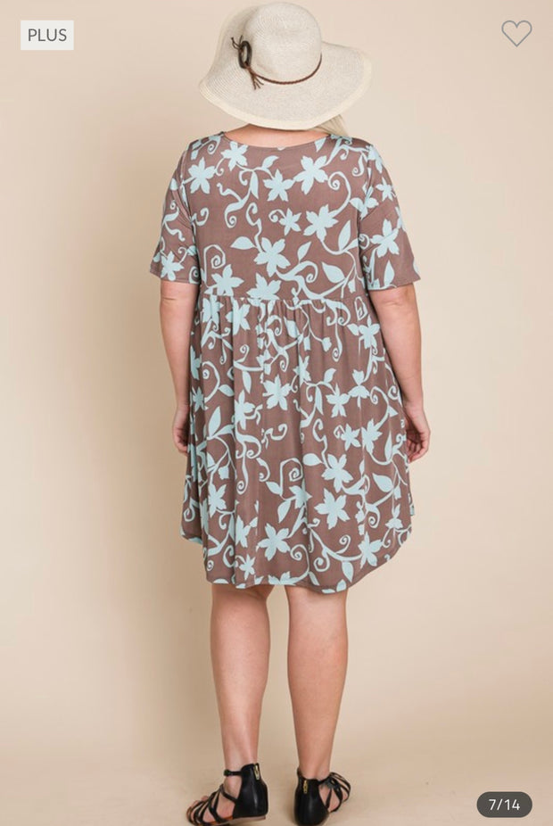 46 PSS-Z {The Best Time} Brown/Teal Print Babydoll Dress PLUS SIZE 1X 2X 3X