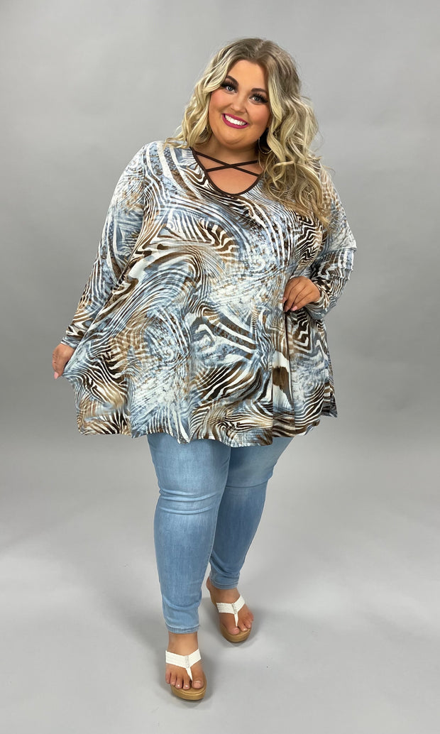 26 PQ-D {Wild Times} Blue Brown Printed***FLASH SALE*** Cross Neck Top EXTENDED PLUS SIZE 4X 5X 6X