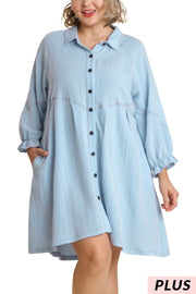 20 SLS-A {Always On Trend} Umgee Lt. Denim Button Up Dress PLUS SIZE XL 1X 2X