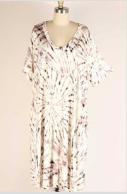 52 PSS-A {Let It Slide} ***SALE***Beige Mauve Print Dress W/ Pockets EXTENDED PLUS SIZE 3X 4X 5X