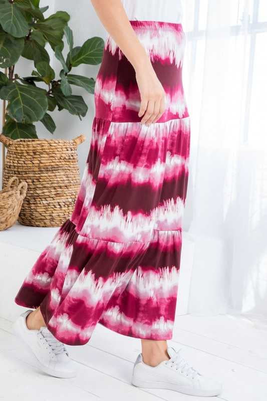 BT-I {Genuine Gratitude} BURGUNDY Tie Dye Tiered Skirt PLUS SIZE 1X 2X  3X