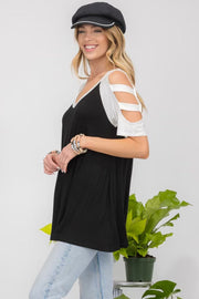 61 OS-A {Ladder Fun} Black/Ivory Ladder Sleeve Top PLUS SIZE XL 2X 3X