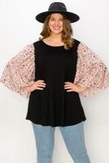 21 CP-R {Defining Moment} Black Top w/Floral Sleeves CURVY BRAND!!! EXTENDED PLUS SIZE 4X 5X 6X