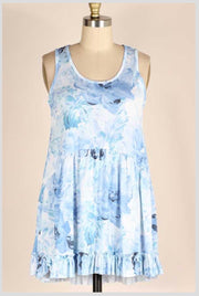 SV-D {A Little Flirtatious} Blue Floral ***SALE***Sleeveless Ruffle Hem Top PLUS SIZE 1X 2X 3X