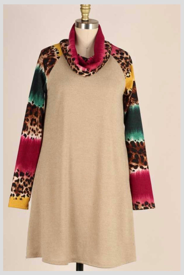 CP-R {Legendary} Sage Plum Mustard Contrast Leopard Knit Dress PLUS SIZE XL 2X 3X